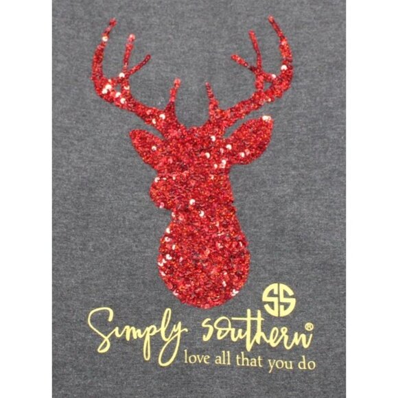 Simply Southern Gray Plaid Back Long Sleeve Top With Red Glitter Sequin Reindeer - Picture 2 of 7